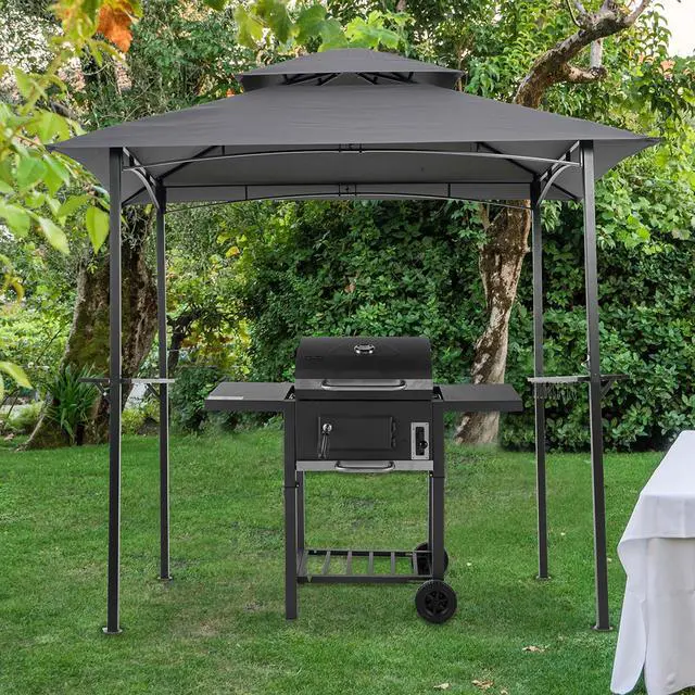 Alt view image 2 of 7 - Aukfa 8'x5' Outdoor Modern Steel Grill Gazebo with Hook and Bar Counters, Gray