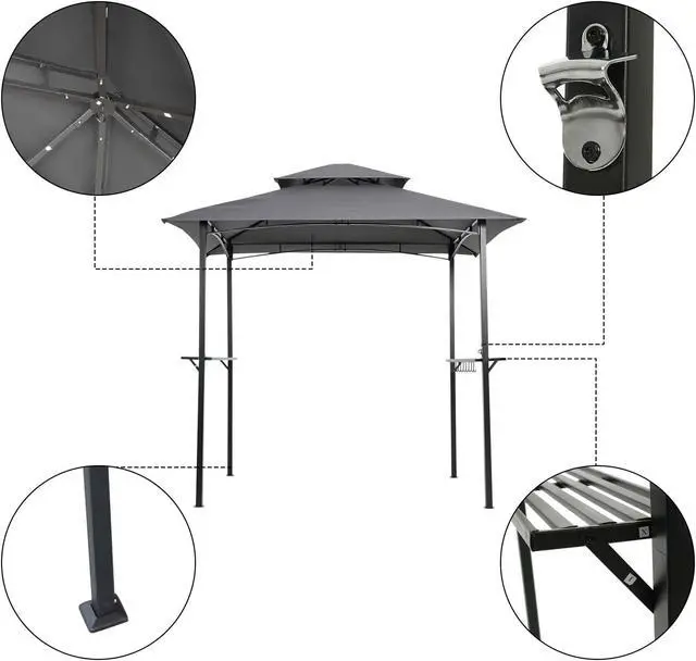 Alt view image 5 of 7 - Aukfa 8'x5' Outdoor Modern Steel Grill Gazebo with Hook and Bar Counters, Gray