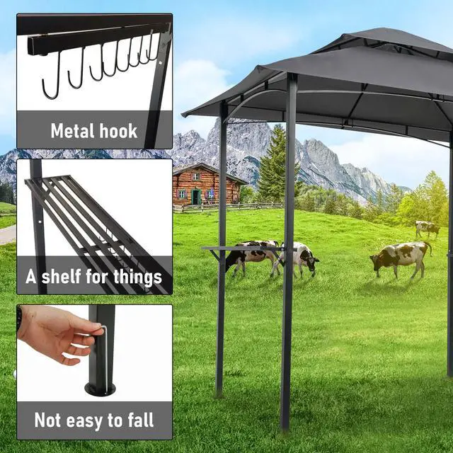 Alt view image 6 of 7 - Aukfa 8'x5' Outdoor Modern Steel Grill Gazebo with Hook and Bar Counters, Gray
