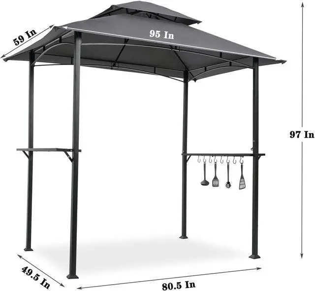 Alt view image 7 of 7 - Aukfa 8'x5' Outdoor Modern Steel Grill Gazebo with Hook and Bar Counters, Gray