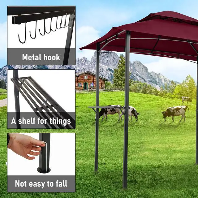 Alt view image 6 of 7 - Aukfa 8'x5' Outdoor Modern Steel Grill Gazebo with Hook and Bar Counters, Wine