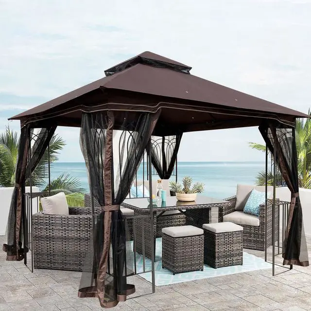 Alt view image 2 of 6 - Aukfa Outdoor Patio Gazebo Canopy Tent - 10x10 FT with Mosquito Net, Brown
