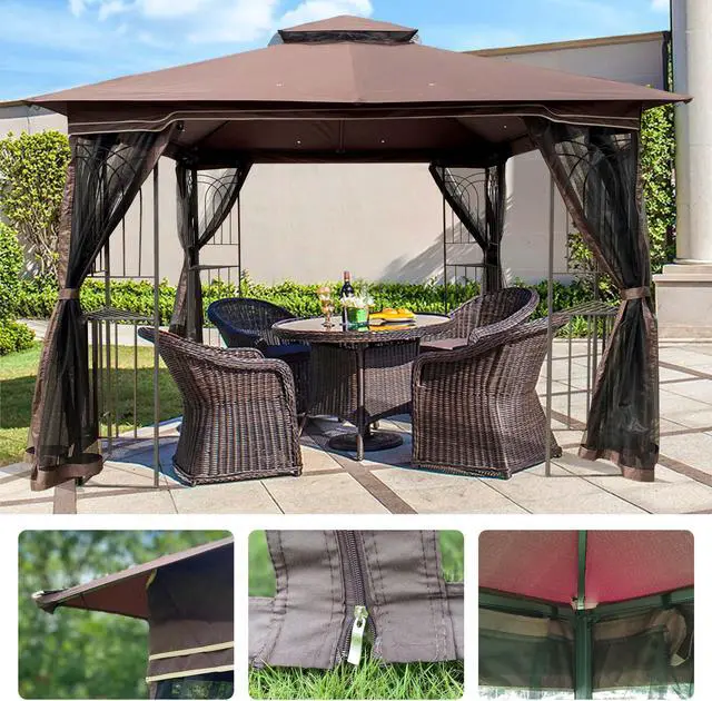 Alt view image 4 of 6 - Aukfa Outdoor Patio Gazebo Canopy Tent - 10x10 FT with Mosquito Net, Brown
