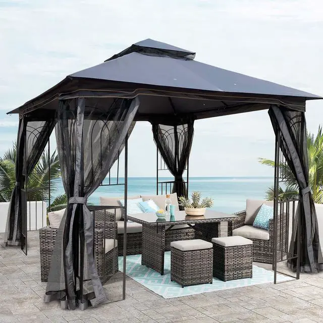 Alt view image 2 of 6 - Aukfa Outdoor Patio Gazebo Canopy Tent - 10x10 FT with Mosquito Net, Gray