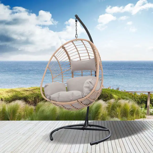 Alt view image 2 of 7 - Aukfa Hanging Egg Chair, PE Wicker Swing Hammock with Stand, Natural