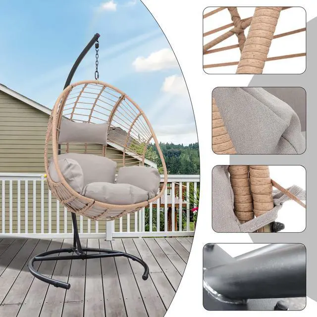 Alt view image 5 of 7 - Aukfa Hanging Egg Chair, PE Wicker Swing Hammock with Stand, Natural