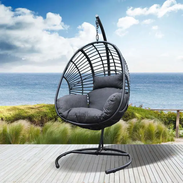 Alt view image 2 of 7 - Aukfa Hanging Egg Chair, PE Wicker Swing Hammock with Stand, Black