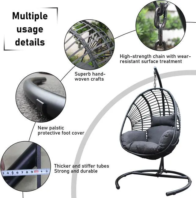 Alt view image 4 of 7 - Aukfa Hanging Egg Chair, PE Wicker Swing Hammock with Stand, Black