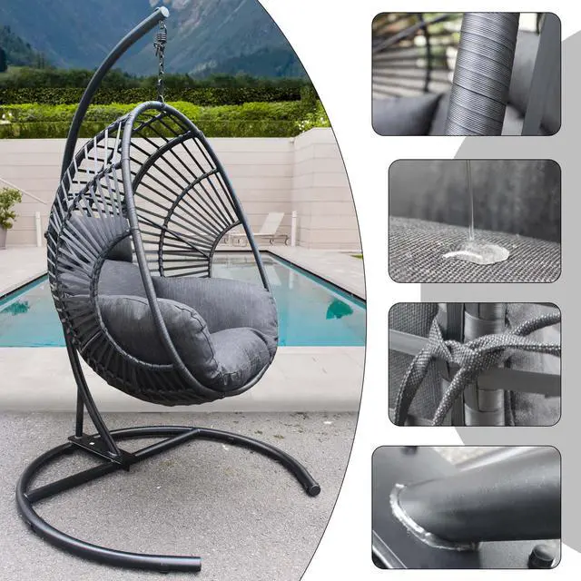 Alt view image 5 of 7 - Aukfa Hanging Egg Chair, PE Wicker Swing Hammock with Stand, Black