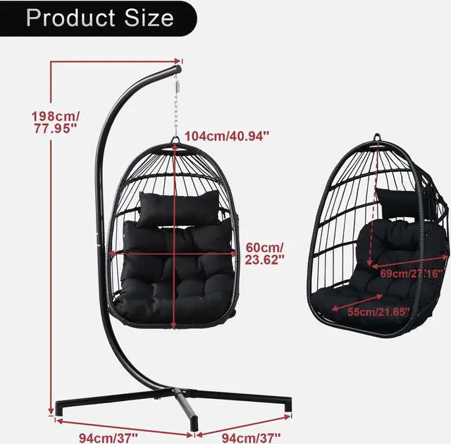 Alt view image 6 of 6 - Aukfa Hanging Egg Chair - Swing Hammock Chair with Stand - Black