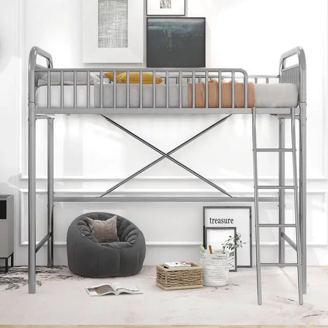 Alt view image 2 of 7 - Anysun Metal Loft Bed Space Saving, Twin Metal Bed Frame, Silver