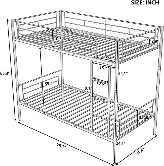 Alt view image 7 of 7 - Anysun Metal Bunk Bed Twin over Twin, Twin Bed Frame for Kids Adults, Bunk Bed Convertible into 2 Beds, Gray
