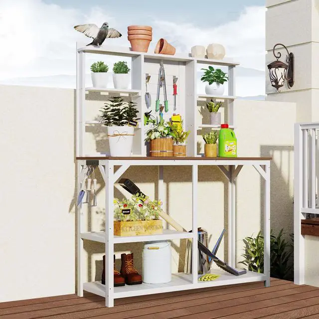 Main image of Aukfa 64.6" Wood Workstation Outdoor Potting Bench with Storage - White