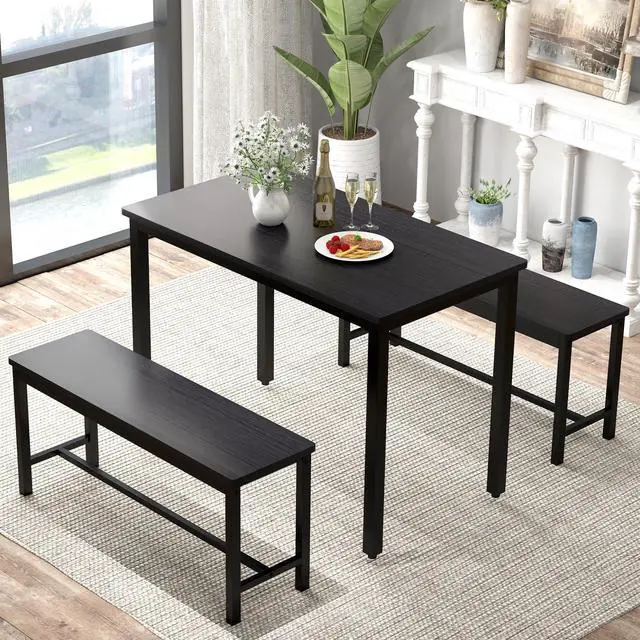 Main image of Aukfa Dining Table Set for 4, Kitchen Room Table Set with 2 Benches, 3-Piece Dining Chairs Set for Breakfast Nook, Black