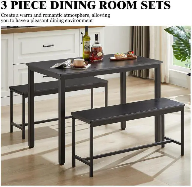 Alt view image 3 of 7 - Aukfa Dining Table Set for 4, Kitchen Room Table Set with 2 Benches, 3-Piece Dining Chairs Set for Breakfast Nook, Black