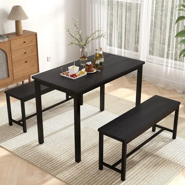 Alt view image 2 of 7 - Aukfa Dining Table Set for 4, Kitchen Room Table Set with 2 Benches, 3-Piece Dining Chairs Set for Breakfast Nook, Black