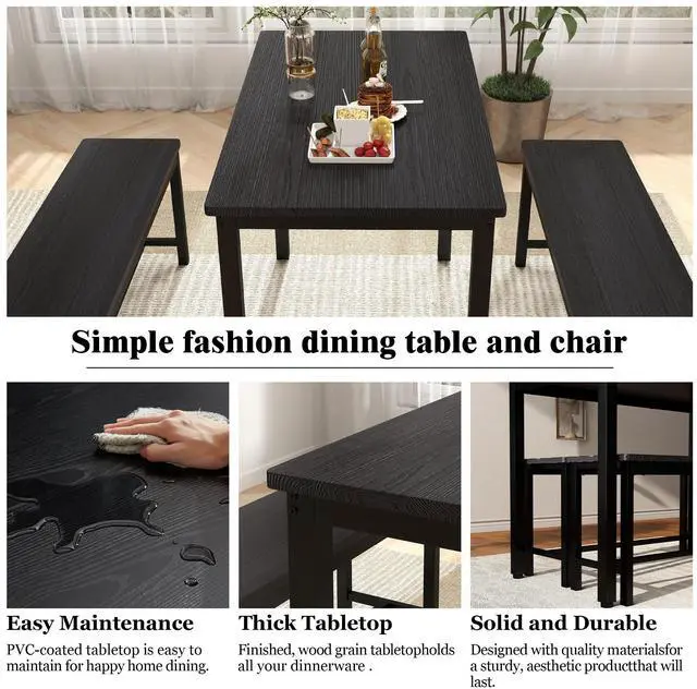 Alt view image 4 of 7 - Aukfa Dining Table Set for 4, Kitchen Room Table Set with 2 Benches, 3-Piece Dining Chairs Set for Breakfast Nook, Black