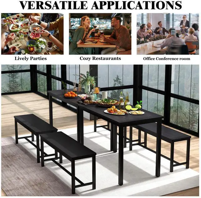 Alt view image 6 of 7 - Aukfa Dining Table Set for 4, Kitchen Room Table Set with 2 Benches, 3-Piece Dining Chairs Set for Breakfast Nook, Black