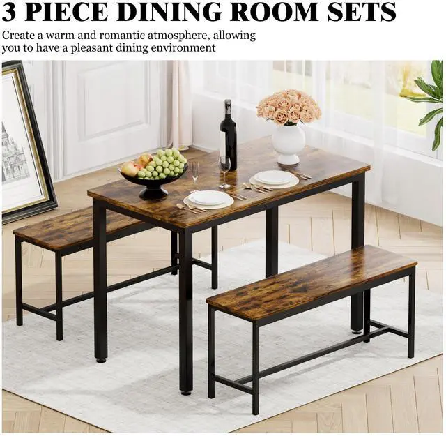 Alt view image 2 of 7 - Aukfa Dining Table Set for 4, Kitchen Room Table Set with 2 Benches, 3-Piece Dining Chairs Set for Breakfast Nook, Brown