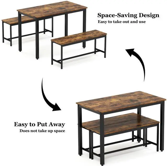 Alt view image 4 of 7 - Aukfa Dining Table Set for 4, Kitchen Room Table Set with 2 Benches, 3-Piece Dining Chairs Set for Breakfast Nook, Brown