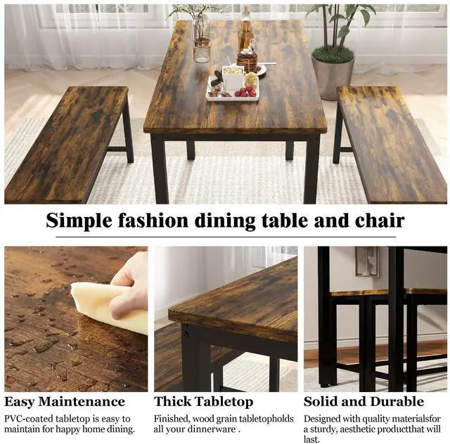 Alt view image 3 of 7 - Aukfa Dining Table Set for 4, Kitchen Room Table Set with 2 Benches, 3-Piece Dining Chairs Set for Breakfast Nook, Brown