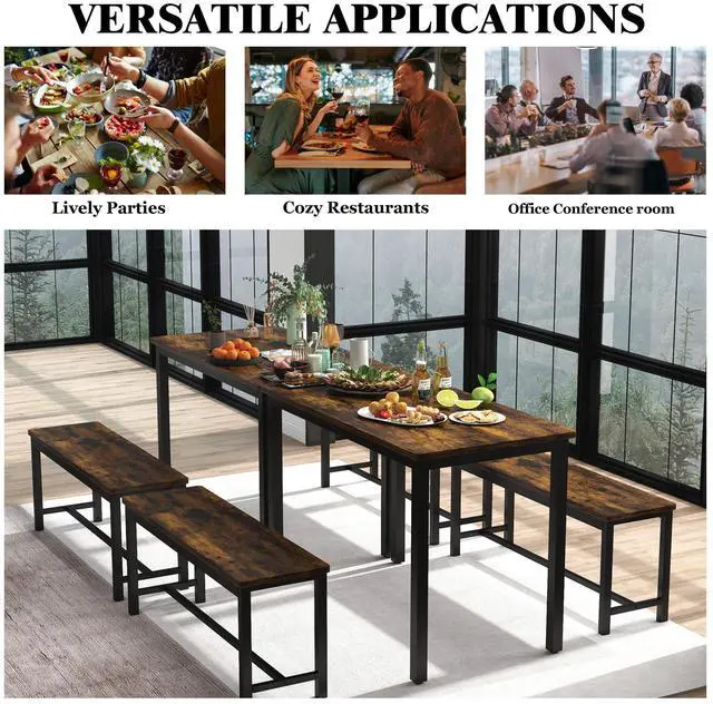 Alt view image 5 of 7 - Aukfa Dining Table Set for 4, Kitchen Room Table Set with 2 Benches, 3-Piece Dining Chairs Set for Breakfast Nook, Brown