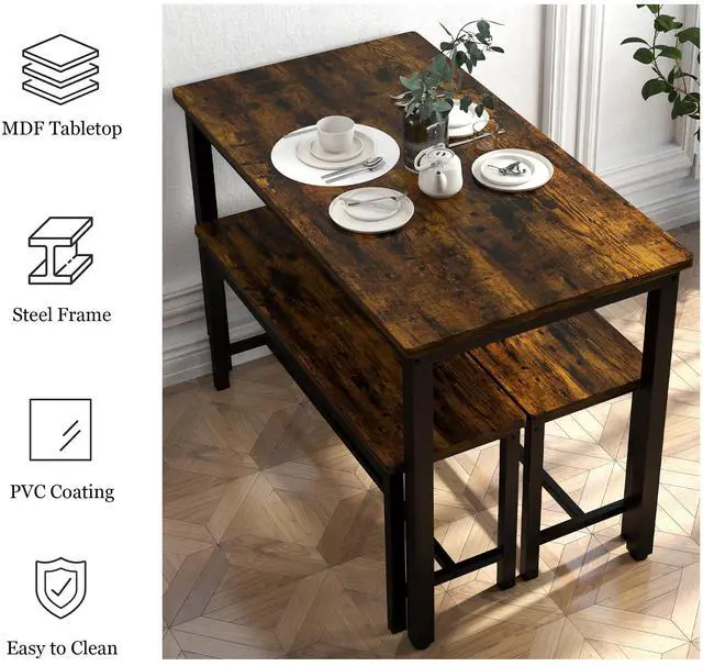 Alt view image 7 of 7 - Aukfa Dining Table Set for 4, Kitchen Room Table Set with 2 Benches, 3-Piece Dining Chairs Set for Breakfast Nook, Brown