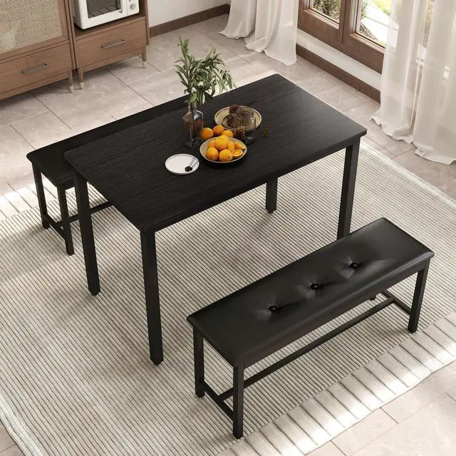 Alt view image 7 of 7 - Aukfa Dining Table Set for 4, Wood Kitchen Table & Chair with 2 Upholstered Benches for Breakfast Nook and Small Space, Black