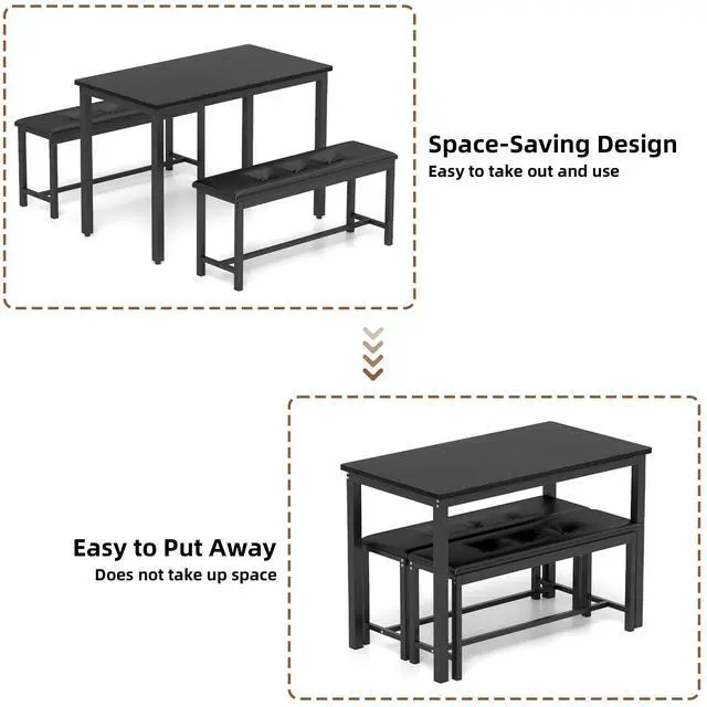 Alt view image 6 of 7 - Aukfa Dining Table Set for 4, Wood Kitchen Table & Chair with 2 Upholstered Benches for Breakfast Nook and Small Space, Black