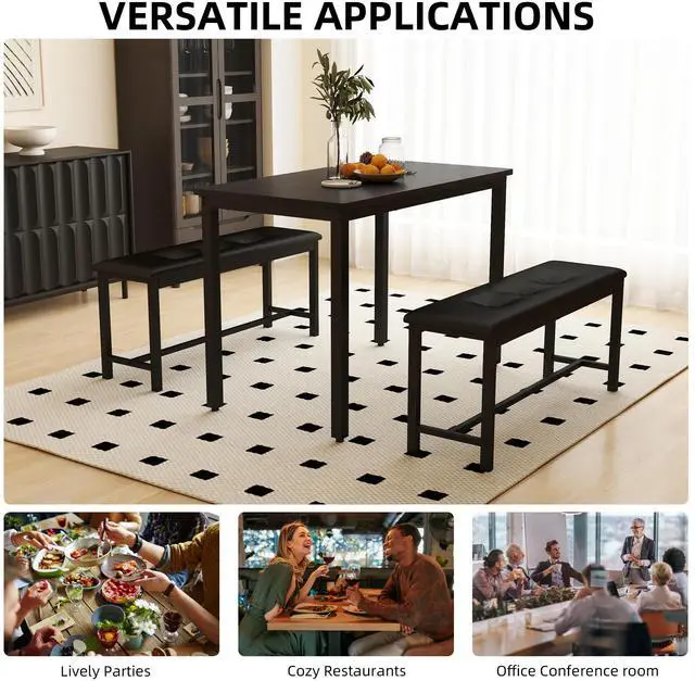 Alt view image 4 of 7 - Aukfa Dining Table Set for 4, Wood Kitchen Table & Chair with 2 Upholstered Benches for Breakfast Nook and Small Space, Black