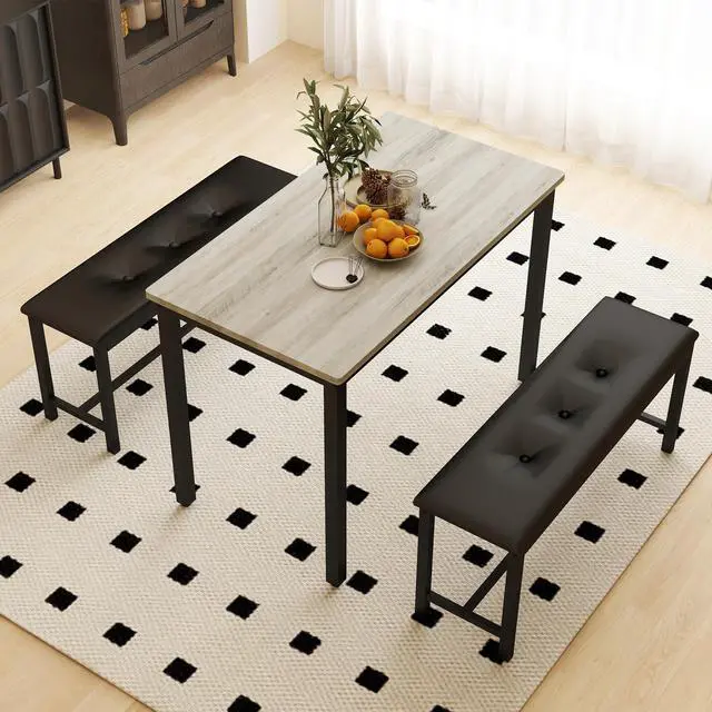 Main image of Aukfa Dining Table Set for 4, Wood Kitchen Table & Chair with 2 Upholstered Benches for Breakfast Nook and Small Space, Grey