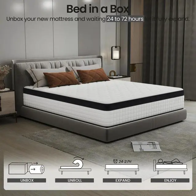 Alt view image 2 of 6 - Aukfa King Mattress, Memory Foam Mattress in a Box, 12 Inch Hybrid Mattress King Size, Certified Safe Fabric, Medium Firm & Pressure Relief, Motion Isolation, Edge Support, 365 Nights Trial