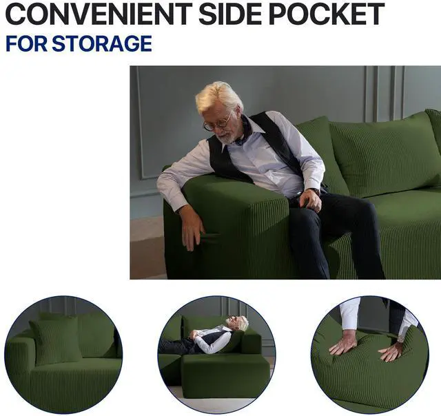 Alt view image 2 of 7 - Aukfa Sectional Couches for Living Room, 5 Seat Sofa Couch with Corduroy Fabric, L-Shaped Cloud Sofa Set with 5 Pillows, No Assembly High-Density Sponge Sofa for Apartment, Green