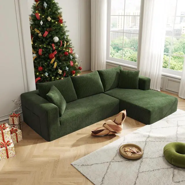Main image of Aukfa Sectional Couches for Living Room, 5 Seat Sofa Couch with Corduroy Fabric, L-Shaped Cloud Sofa Set with 5 Pillows, No Assembly High-Density Sponge Sofa for Apartment, Green