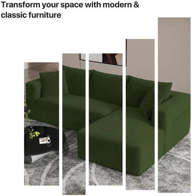 Alt view image 3 of 7 - Aukfa Sectional Couches for Living Room, 5 Seat Sofa Couch with Corduroy Fabric, L-Shaped Cloud Sofa Set with 5 Pillows, No Assembly High-Density Sponge Sofa for Apartment, Green