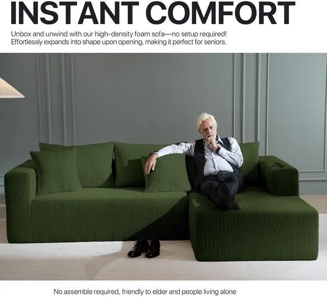 Alt view image 4 of 7 - Aukfa Sectional Couches for Living Room, 5 Seat Sofa Couch with Corduroy Fabric, L-Shaped Cloud Sofa Set with 5 Pillows, No Assembly High-Density Sponge Sofa for Apartment, Green