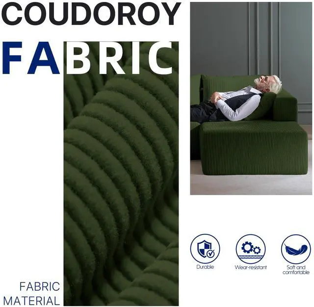 Alt view image 7 of 7 - Aukfa Sectional Couches for Living Room, 5 Seat Sofa Couch with Corduroy Fabric, L-Shaped Cloud Sofa Set with 5 Pillows, No Assembly High-Density Sponge Sofa for Apartment, Green