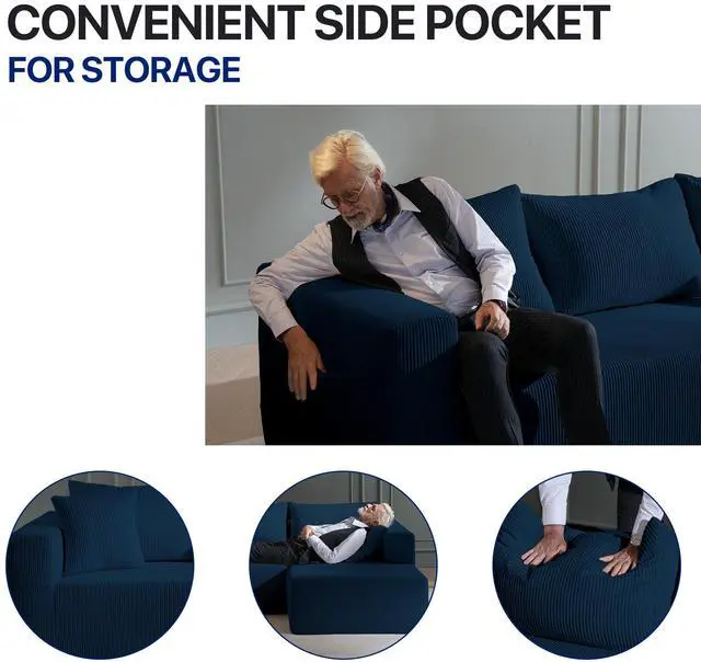 Alt view image 2 of 7 - Aukfa Sectional Couches for Living Room, 5 Seat Sofa Couch with Corduroy Fabric, L-Shaped Cloud Sofa Set with 5 Pillows, No Assembly High-Density Sponge Sofa for Apartment, Blue