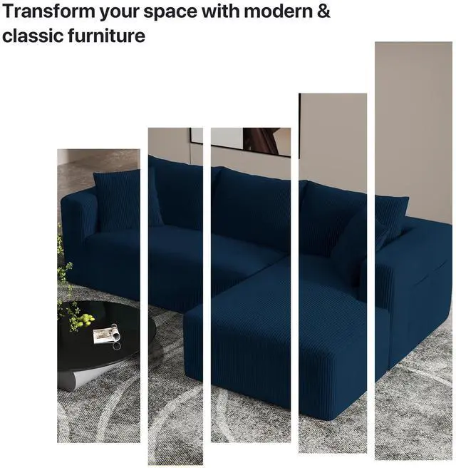 Alt view image 3 of 7 - Aukfa Sectional Couches for Living Room, 5 Seat Sofa Couch with Corduroy Fabric, L-Shaped Cloud Sofa Set with 5 Pillows, No Assembly High-Density Sponge Sofa for Apartment, Blue