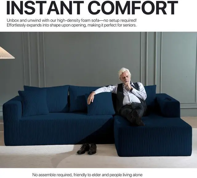 Alt view image 4 of 7 - Aukfa Sectional Couches for Living Room, 5 Seat Sofa Couch with Corduroy Fabric, L-Shaped Cloud Sofa Set with 5 Pillows, No Assembly High-Density Sponge Sofa for Apartment, Blue