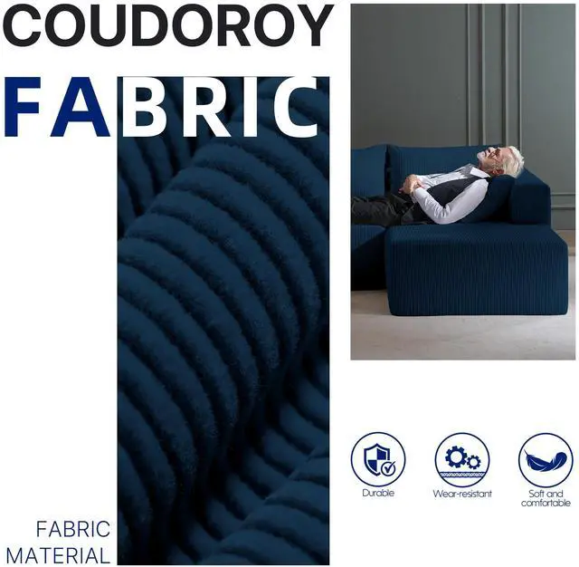 Alt view image 7 of 7 - Aukfa Sectional Couches for Living Room, 5 Seat Sofa Couch with Corduroy Fabric, L-Shaped Cloud Sofa Set with 5 Pillows, No Assembly High-Density Sponge Sofa for Apartment, Blue