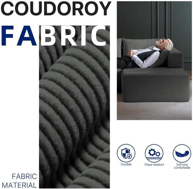 Alt view image 2 of 7 - Aukfa Sectional Couches for Living Room, 5 Seat Sofa Couch with Corduroy Fabric, L-Shaped Cloud Sofa Set with 5 Pillows, No Assembly High-Density Sponge Sofa for Apartment, Grey