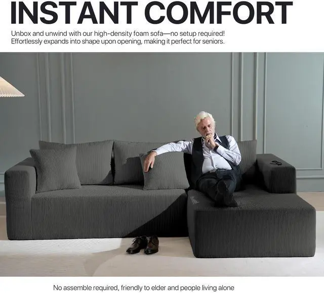 Alt view image 5 of 7 - Aukfa Sectional Couches for Living Room, 5 Seat Sofa Couch with Corduroy Fabric, L-Shaped Cloud Sofa Set with 5 Pillows, No Assembly High-Density Sponge Sofa for Apartment, Grey