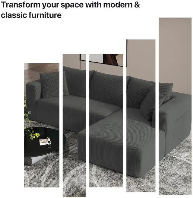 Alt view image 6 of 7 - Aukfa Sectional Couches for Living Room, 5 Seat Sofa Couch with Corduroy Fabric, L-Shaped Cloud Sofa Set with 5 Pillows, No Assembly High-Density Sponge Sofa for Apartment, Grey