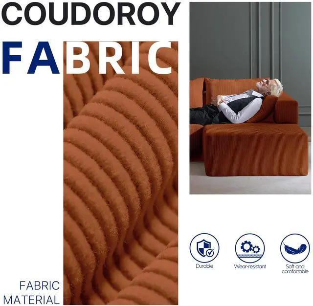Alt view image 2 of 7 - Aukfa Sectional Couches for Living Room, 5 Seat Sofa Couch with Corduroy Fabric, L-Shaped Cloud Sofa Set with 5 Pillows, No Assembly High-Density Sponge Sofa for Apartment, Orange