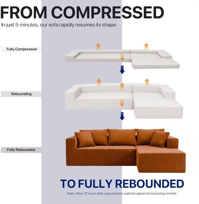 Alt view image 4 of 7 - Aukfa Sectional Couches for Living Room, 5 Seat Sofa Couch with Corduroy Fabric, L-Shaped Cloud Sofa Set with 5 Pillows, No Assembly High-Density Sponge Sofa for Apartment, Orange