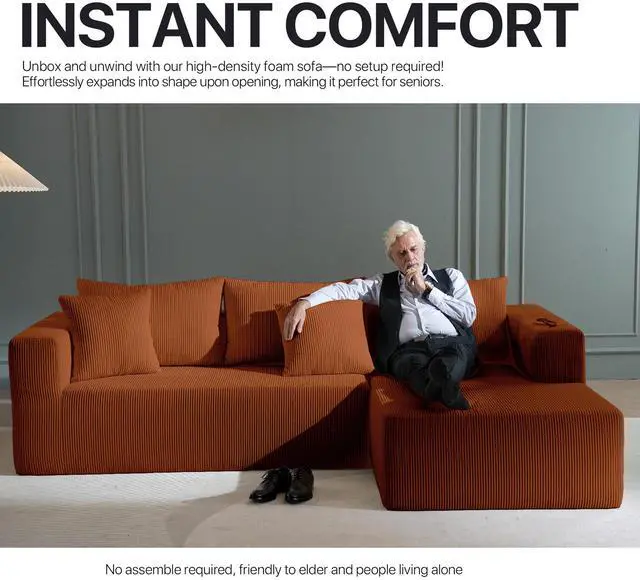 Alt view image 5 of 7 - Aukfa Sectional Couches for Living Room, 5 Seat Sofa Couch with Corduroy Fabric, L-Shaped Cloud Sofa Set with 5 Pillows, No Assembly High-Density Sponge Sofa for Apartment, Orange