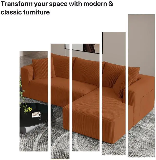 Alt view image 6 of 7 - Aukfa Sectional Couches for Living Room, 5 Seat Sofa Couch with Corduroy Fabric, L-Shaped Cloud Sofa Set with 5 Pillows, No Assembly High-Density Sponge Sofa for Apartment, Orange