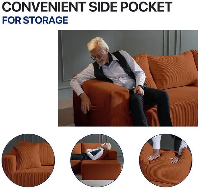 Alt view image 7 of 7 - Aukfa Sectional Couches for Living Room, 5 Seat Sofa Couch with Corduroy Fabric, L-Shaped Cloud Sofa Set with 5 Pillows, No Assembly High-Density Sponge Sofa for Apartment, Orange