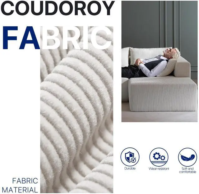Alt view image 2 of 6 - Aukfa Sectional Couches for Living Room, 5 Seat Sofa Couch with Corduroy Fabric, L-Shaped Cloud Sofa Set with 5 Pillows, No Assembly High-Density Sponge Sofa for Apartment, White